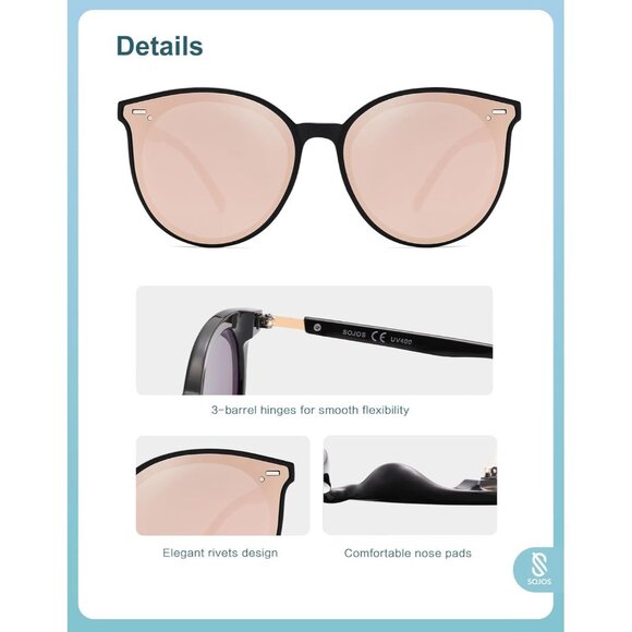 ⚡SOJOS Womens Pink Trendy Classic Round Retro Vintage Large Frame Sunglasses - Picture 4 of 5